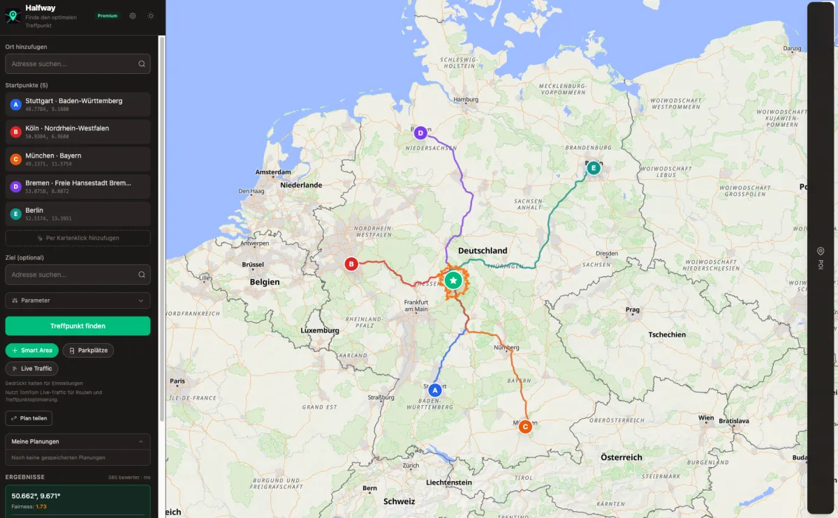 Calculated meeting point with routes
